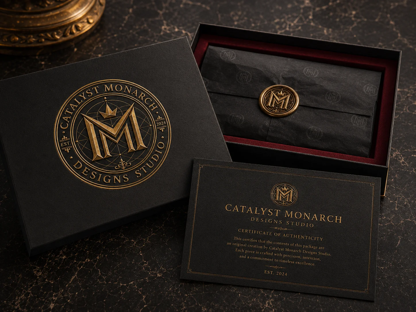 Monarch black gift box, wax-sealed tissue and certificate, a packaging study