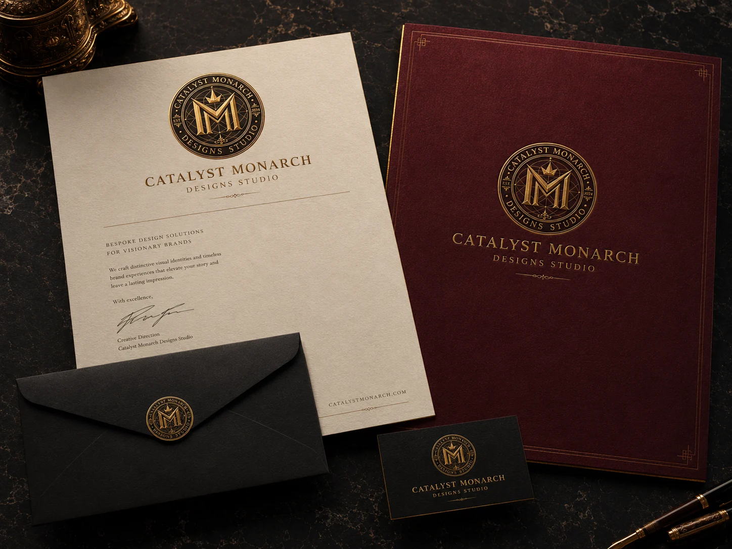 Monarch stationery study: letterhead, envelope, crimson folder and card bearing the seal